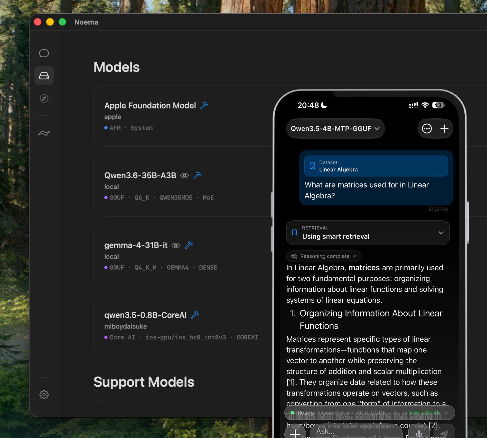 Noema running in dark appearance across Mac and iPhone