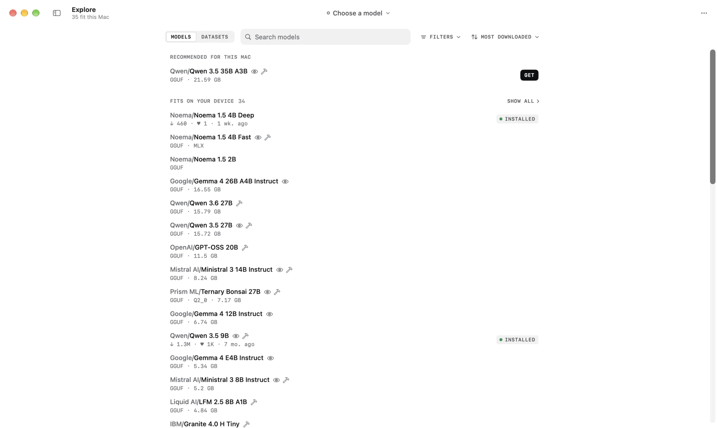 Noema's Explore view listing models that fit this Mac, with Noema 1.5 4B Deep, 4B Fast and 1.5 2B at the top