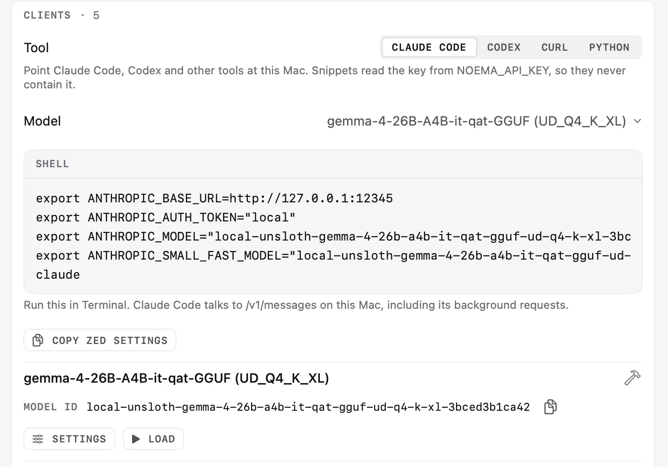 Noema's Developer view on Mac with copyable setup snippets for Claude Code, Codex, curl and Python