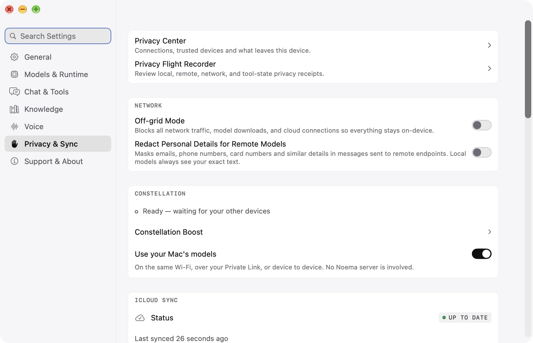 Noema's Privacy and Sync settings on Mac with Off-grid Mode, redaction for remote models, Constellation and iCloud sync
