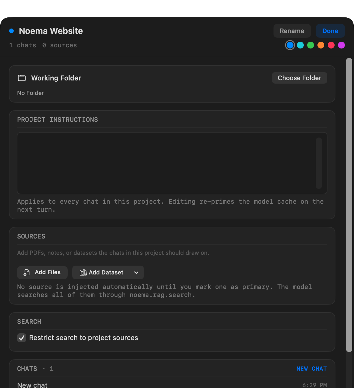 Noema project settings on Mac showing a working folder, instructions, sources, and scoped search