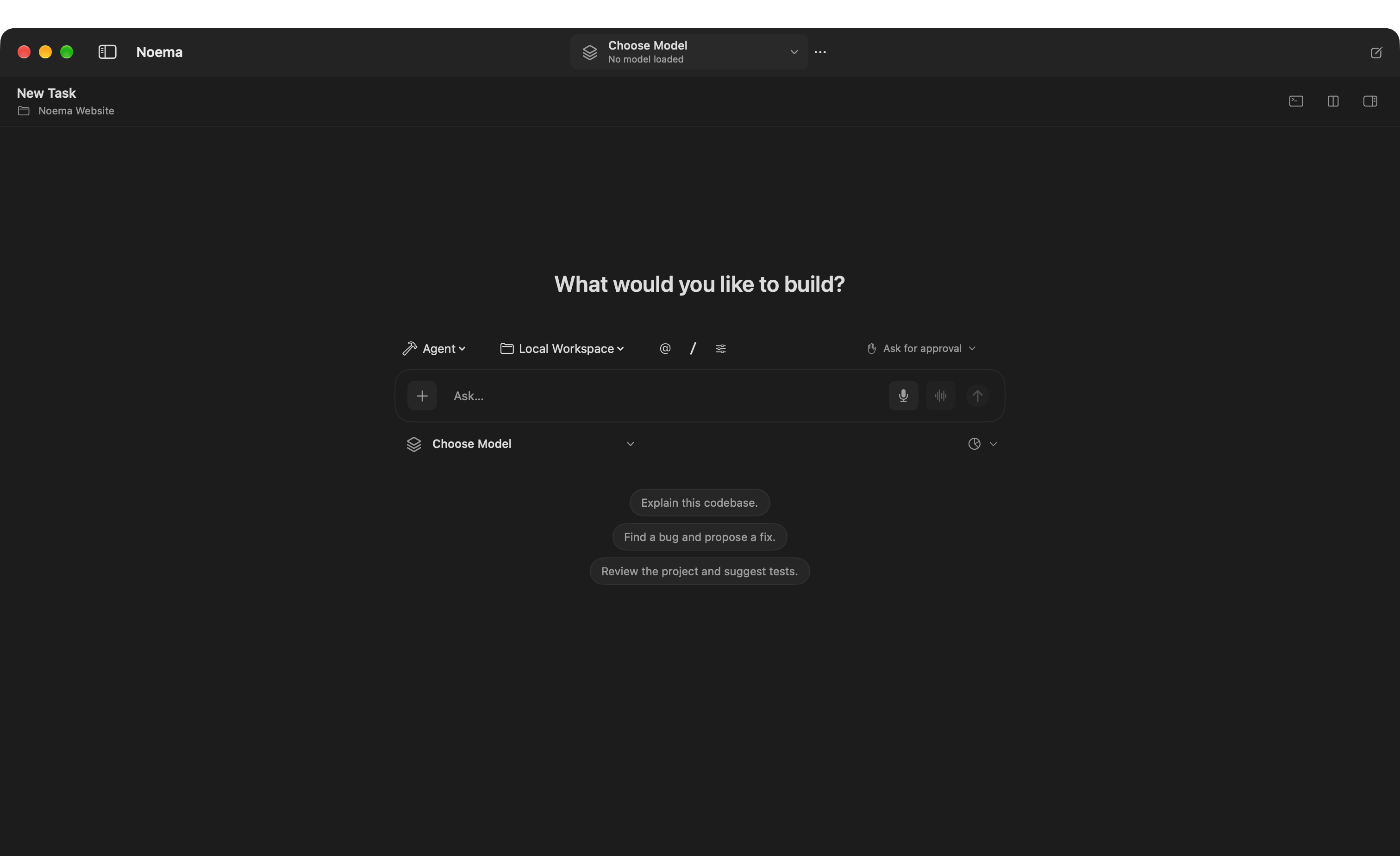 Noema 4.0 Agent mode on Mac with a local workspace and approval controls