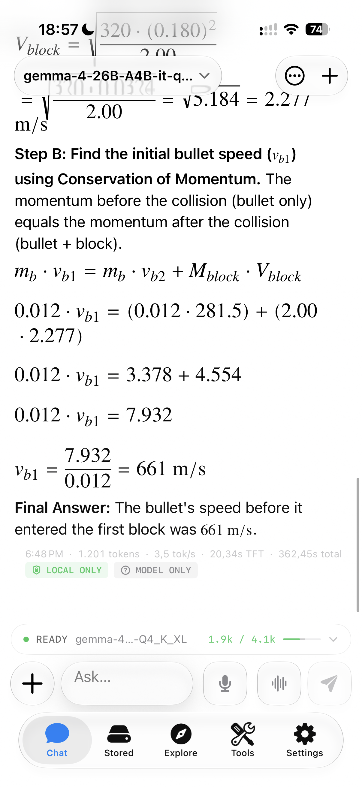 The same conversation scrolled to the end, showing the momentum-conservation working and a final answer of 661 metres per second, with run statistics of 1,201 tokens at 3.5 tokens per second, 20.34 seconds to first token and 362.45 seconds total.