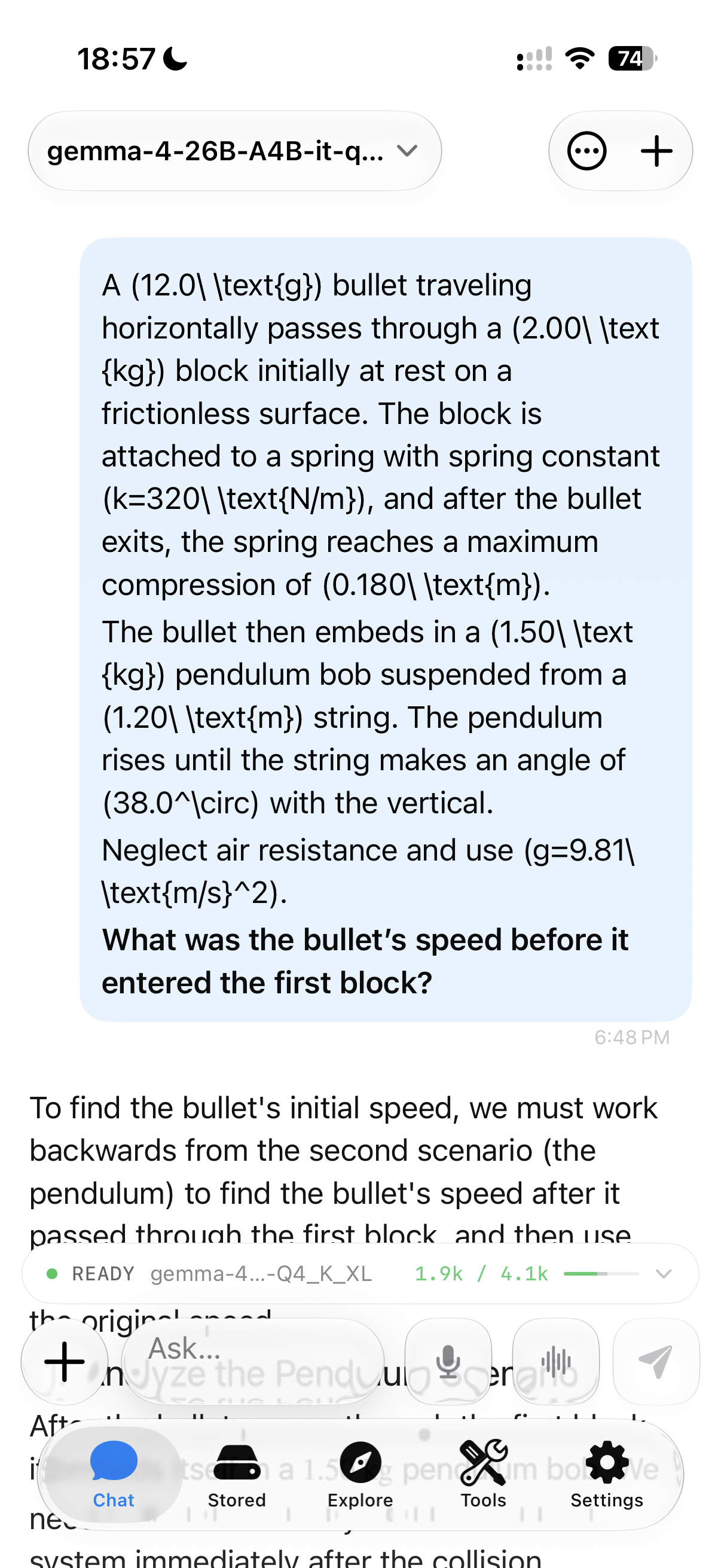Noema on iPhone showing a multi-step ballistic pendulum physics problem sent to gemma-4-26B-A4B-it-Q4_K_XL, with the model status bar reading READY and 1.9k of 4.1k context used.